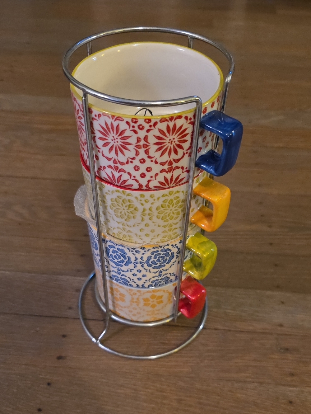 Pier 1 Multicolor Stacked Patterned Ceramic Mugs with Chrome Stand -Set Of 4